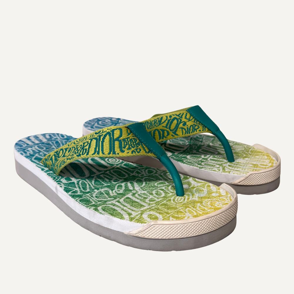 Dior x Stussy Logo Flip Flop Sandals Blue Green Boxed